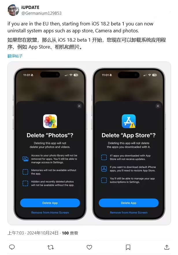 琼海苹果手机维修分享iOS 18.2 支持删除 App Store 应用商店 